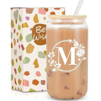 Birthday Gifts for Women, Monogrammed Initial Glass Cup Personalized Gifts for Women, 16oz Glass Cups with Lids and Straws, Iced Coffee Cup, Beer Can Shaped Glass - Gifts for Mothers Day, Christmas, M - style: M