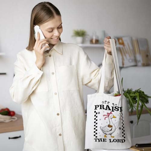 Chicimln Christian Goose Tote Bag, off to Praise the Lord Bible Verse Canvas Tote Bags - color: White 09