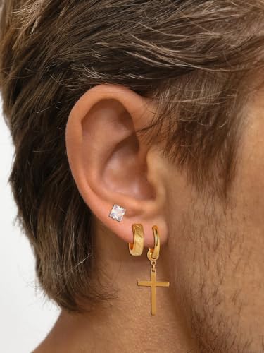 Oveta 16 Pairs 18G 16G Stainless Steel Mens Earrings, Earrings for Men with Studs Hoop Earring Cross Dangle Earrings Hypoallergenic Ear Piercing Jewelry for Men Women, Silver Gold Black - color: Gold