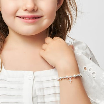 Baby Crystals Sterling Silver Cross Charm | White Pearl Baptism Bracelet - style: 6 years – Adults Adjustable