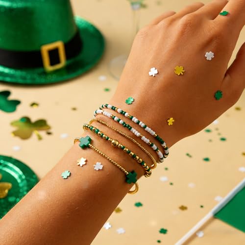 Gold Beaded Bracelets Stack for Women Stackable 14K Gold Plated Beads Ball Cross Bracelet Boho Christian Jewelry Faith Friendship Birthday Gifts for Women - color: St Patricks Day