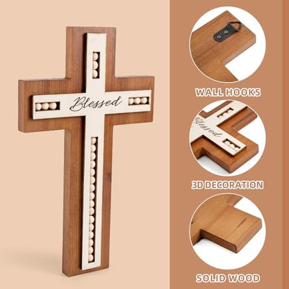 BONNY DODO Christian Wood Cross Wall Decor - Retro Blessed Rustic Wooden Wall Hanging Art, Home Sculpture with wood beads Home Decer (Wooden bead style)