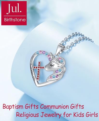 Easter Confirmation First Communion Baptism Gifts for Girls,Cross Birthstone Unicorn Necklaces for Daughter Granddaughter Niece Sister Christian Religious Gifts 16+3 Inches - color: 07.July