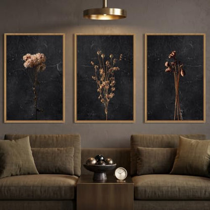 Large Boho Moody Dark Floral Framed Canvas Wall Art Set -24"x36"x3 - color: Moody Dark Wall Art, size: 24"L x 36"W