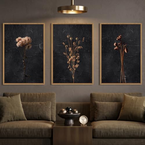 Large Boho Moody Dark Floral Framed Canvas Wall Art Set -24"x36"x3 - color: Moody Dark Wall Art, size: 24"L x 36"W
