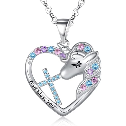 Easter Confirmation First Communion Baptism Gifts for Girls,Cross Birthstone Unicorn Necklaces for Daughter Granddaughter Niece Sister Christian Religious Gifts 16+3 Inches - color: 03.March