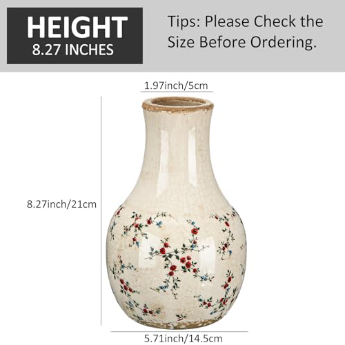 LemonRoad Vintage Ceramic Flower Vase 5.7 Inch Chinoiserie Ice Cracked Glaze Porcelain Vase Rustic Ceramic Large Centerpieces for Home Table Living Room Bookshelf Office(Rose Style) - style: Rose Style
