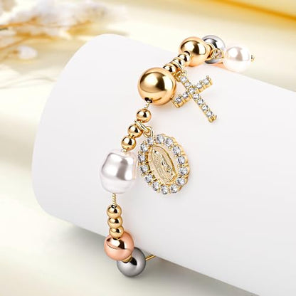 Rosary Cross Bracelet for Women, Gold Virgin Mary Rosary Beads Catholic Bracelet - style: big beads