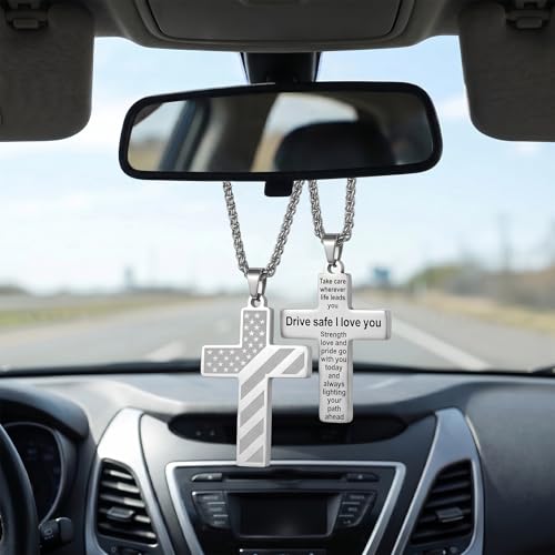 Gifts for Men, Cross Pendant for Car Rearview Mirror Hanging, Silver