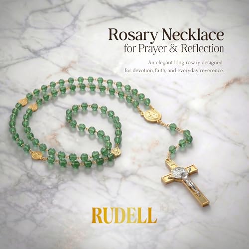 RUDELL Rosary Beads Catholic for Women - Rosary Necklace for Women with Pearl Beads - Medal Cross Saint Benedict Rosary for Men - Prayer Rosarios Catolicos Jewelry Gift - color: Green