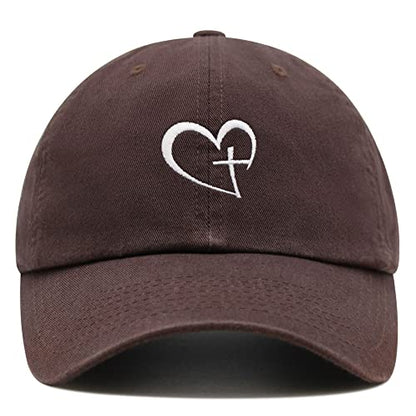 JPAK Heart and Cross Premium Dad Hat Embroidered Cotton Baseball Cap Christian Faith - color: Brown