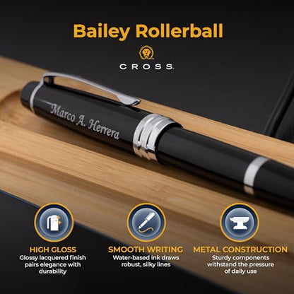 Cross Bailey Personalized Rollerball Pen in Black Lacquer with Chrome Trim - color: Black