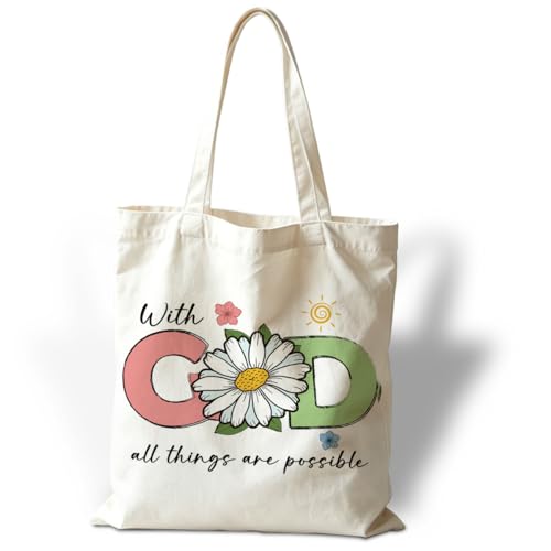 Christian Tote Bag for Women, With God All Things Are Possible Canvas Shoulder Bag, Religious Gifts for Women, Faith Reusable Shopping Carryall, Bible Verse Flower Gift - color: Style 24