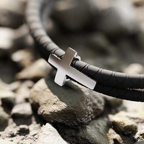 Rowdy Parrot FlexTech Adjustable Silicone Braided Rope Bracelet for Men - Waterproof, Sweatproof, One Size Fits All - Featuring Religious Christian Jesus Cross Design - color: Black Sand | Tarpon Silver