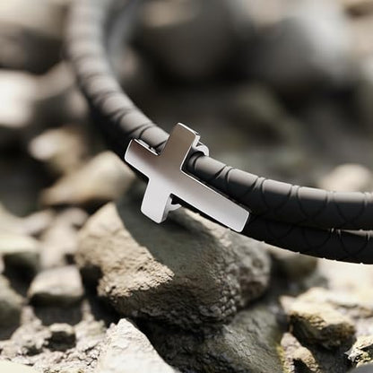Rowdy Parrot FlexTech Adjustable Silicone Braided Rope Bracelet for Men - Waterproof, Sweatproof, One Size Fits All - Featuring Religious Christian Jesus Cross Design - color: Black Sand | Tarpon Silver