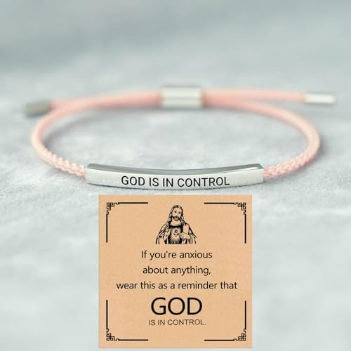 God is in Control Leather Bracelet, Stainless Steel Christian Faith Braided Engraved Bar Bracelets Self Worth Motivation Bracelet Inspirational Friendship Jewelry for Men Women - color: Pink&Silver