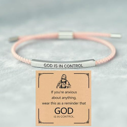 God is in Control Leather Bracelet, Stainless Steel Christian Faith Braided Engraved Bar Bracelets Self Worth Motivation Bracelet Inspirational Friendship Jewelry for Men Women - color: Pink&Silver