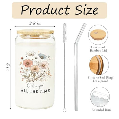 IWXYI Floral Christian Glass Cup with Lids and Straws 14oz, Christian Gifts for Women, God Is Good All the Time Bible Verse Religious Iced Coffee Tea Drinking Glasses with Cleaning Brush - color: Floral Christian