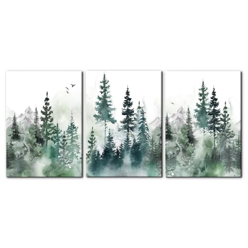 Pacimo Wall Art Misty Forest Green Mountain Painting on Canvas Wall Decorations for Living Room Stretched Framed Landscape Canvas Paintings 3 Piece Bedroom Wall Decor Office Home Decor - 20"x28"x3 - color: Wallart-04, size: 20"x28"x3 Panels