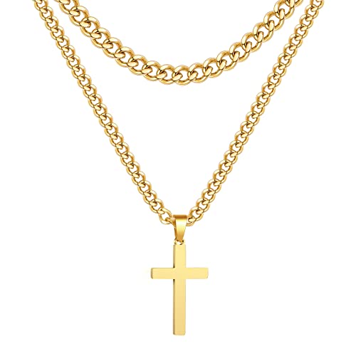 Zocomi Cross Necklace for Men Boys, Stainless Steel Layered Cuban Link Herringbone Chain Cross Pendant Christian Fashion Jewelry Gifts 16-24 Inches - color: Gold, size: 16inch/18inch, style: Cuban+Cuban