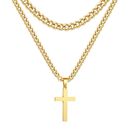Zocomi Cross Necklace for Men Boys, Stainless Steel Layered Cuban Link Herringbone Chain Cross Pendant Christian Fashion Jewelry Gifts 16-24 Inches - color: Gold, size: 16inch/18inch, style: Cuban+Cuban