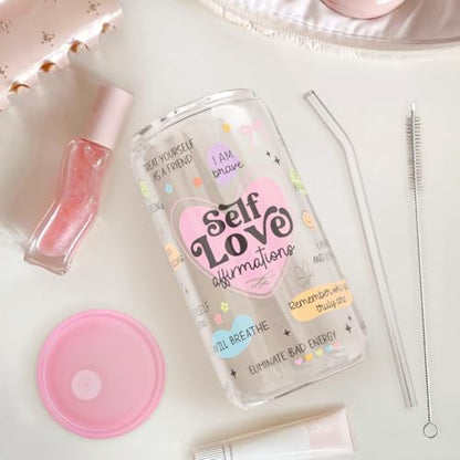 SANDJEST Inspiration Glass Can, Self Love Iced Coffee Aesthetic Cup, Gifts for Christmas Birthday, Gift for Women Girls, 16oz - color: Inspiration 3