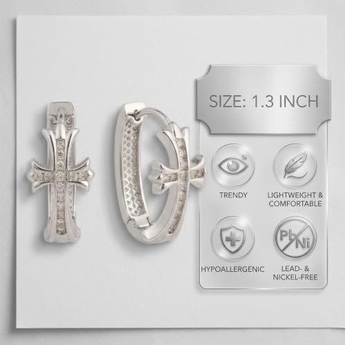 14K Gold Plated Cross Hoop Earrings for Women, Crystal Huggie Earrings, Elegant Faith Jewelry Gift - color: silver