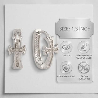 14K Gold Plated Cross Hoop Earrings for Women, Crystal Huggie Earrings, Elegant Faith Jewelry Gift - color: silver