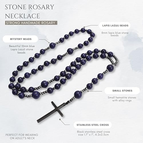 Nazareth Store Jasper Rosary Necklace – Catholic Handmade Rosary with Stone Beads, Hematite Spacers, and Black Alloy Cross – Durable Prayer Beads for Men and Women - color: Lapis Lazuli