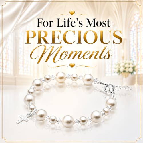 Baby Crystals Sterling Silver Cross Charm | White Pearl Baptism Bracelet - style: 2-6 Years Adjustable