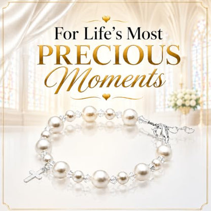 Baby Crystals Sterling Silver Cross Charm | White Pearl Baptism Bracelet - style: 0-24 Months Adjustable