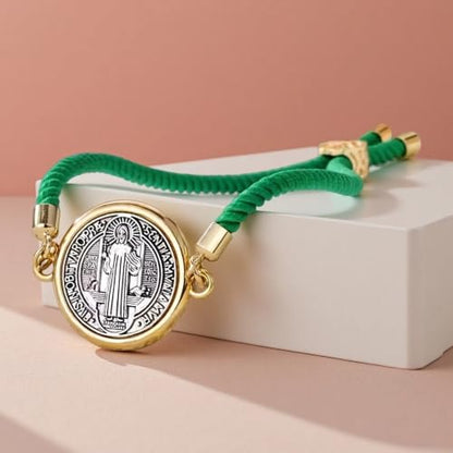 Catholic Bracelets St. Benedict Bracelet Red Rope Double Hole Pendant Couple Woven Bracelets Adjustable Black Bracelet - color: Green