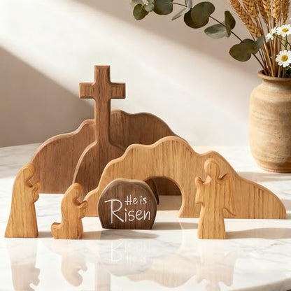 Glintoper Empty Tomb Easter Scene and Cross Decoration, 7pcs Wooden Easter Resurrection Scene Cross Jesus Tomb Tray Set, Tabletop Christian Gifts Jesus Nativity Scene Decor for Religious Home Office - size: 7 PCS