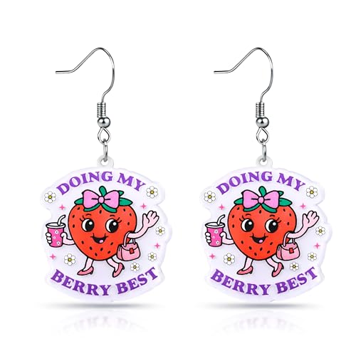 Christian Statement Earrings for Women, Acrylic Dangle Earrings, Lightweight Comfortable, Non Tarnish Hooks, Faith Jewelry, Religious Gift for Women - color: Doing My Berry Best Cute Strawberry