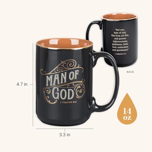 Christian Art Gifts Large Ceramic Inspirational Scripture Coffee & Tea Mug for Men: Man of God Encouraging Bible Verse, Sturdy Golden, Non-toxic Novelty Hot/Cold Beverage Cup, Black & Brown, 14 oz. - color: Black & Brown/Man of God