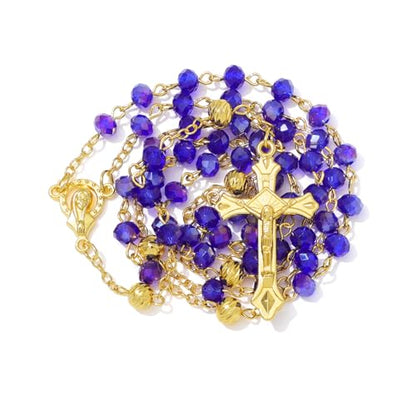KOMI Crystal Rosary Beads with Jesus Crucifix, Catholic Necklace for Women First Communion Rosarios Wedding Rosary with Velvet Bag - style: 6MM-blue-2