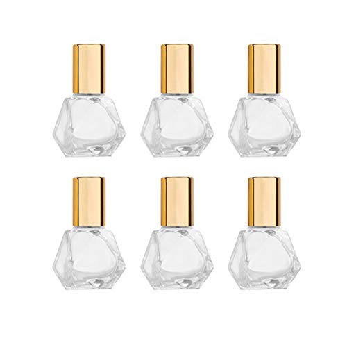 5ml(1/6oz) Shaped Glass Roller Bottle For Essential Oils,Mini Glass Bottles With Stainless Steel Roller Balls,Gold Aluminum Caps Portable Roll-On Vial Aromatherapy Perfume Container-Pack of 6