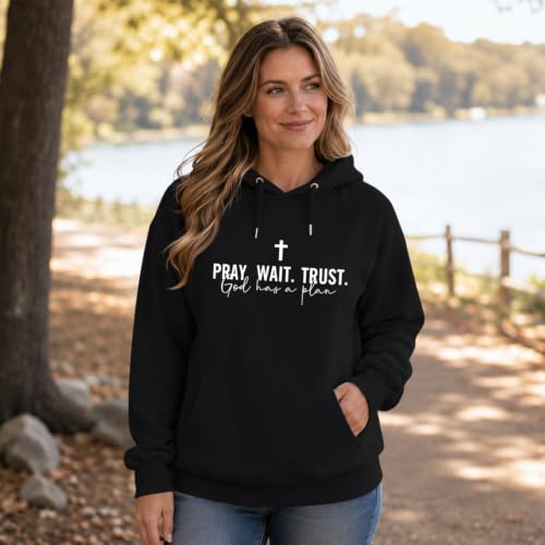 Wrenpies Christian Faith Hoodie for Women Jesus God Religious Bible Verse Hoodies Cross Pray Wait Trust Graphic Sweatshirt - color: Black, size: Large