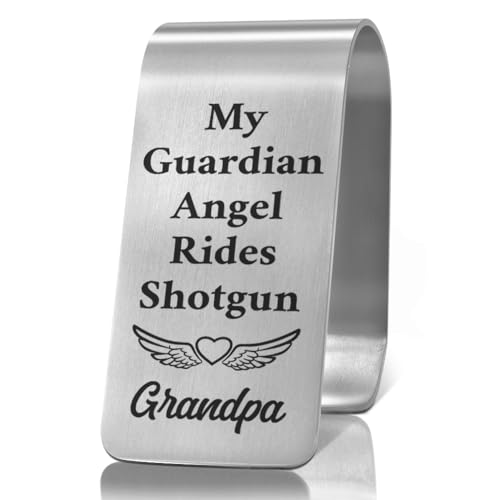 XQLZY My Guardian Angel Rides Shotgun Grandpa Engraved Stainless Steel Car Visor Clip, Travels Visors Car Accessories, Funny Angel Car Visors Clip Gifts for Grandpa Dad Brother Men, God Prayer Gifts - color: Sliver026