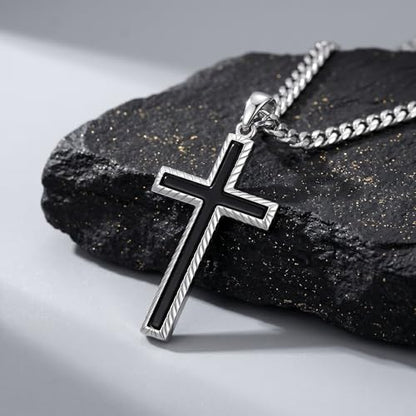 MRENITE Silver Natural Stone Cross Necklace, Classic Latin Cross Pendant Necklace for Unisex Women Man, Vintage Crystal Quartz Cross Necklace with 20+2 Inches Adjustable Cuban Chain - style: Black Onyx