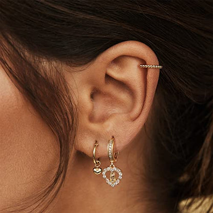 KissYan 14K Gold Plated Huggie Earrings for Women, S925 Sterling Silver Small CZ Cross Hoop Dangle Drop Earrings, Hypoallergenic Dainty Handmade Jewelry - style: Virgin Mary