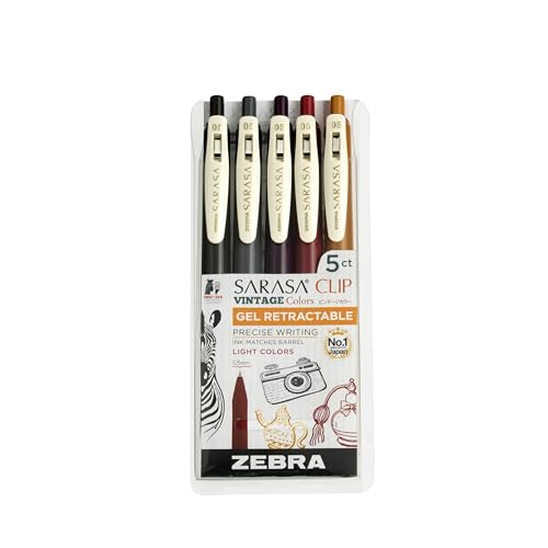 Zebra Pen SARASA Clip Retractable Gel Pen, Assorted Vintage Dark Ink, 5-Pk - color: Neutral Vintage B