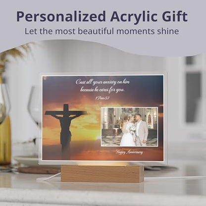 Personalized Christian Acrylic Plaque with Bible Verse 1 Peter 5:7 | Custom Photo & Text | Religious Gift, Faith Home Décor, Spiritual Encouragement, Wedding & Anniversary Keepsake - color: 1 Peter 5:7
