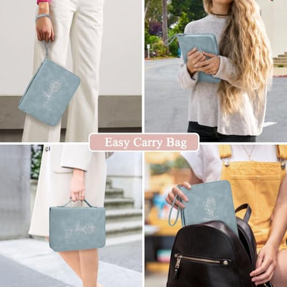Bible Cover for Women - Leather Study Case with Bookmark, Supplies Carrying Bag Tote with Strap, Personalized Book Organizer for Journaling (Blue)