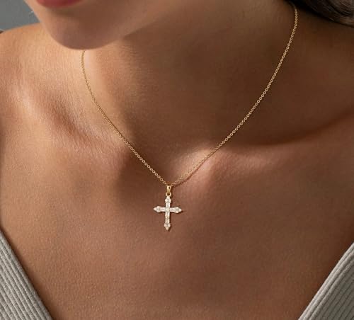 Cross Necklace For Women,14K Gold Plated Small Dainty Colorful Beaded Cubic Zirconia Diamond Double Layered Cross Pendant Choker Necklaces For Women,Christian Easter Religious Jewelry Gifts - style: Square CZ Cross-Gold