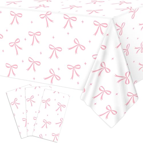 3Pcs Coquette Pink Bow Tablecloth, Disposable Bow Party Plastic Table Cover - color: Bow