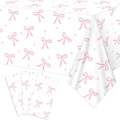 3Pcs Coquette Pink Bow Tablecloth, Disposable Bow Party Plastic Table Cover - color: Bow