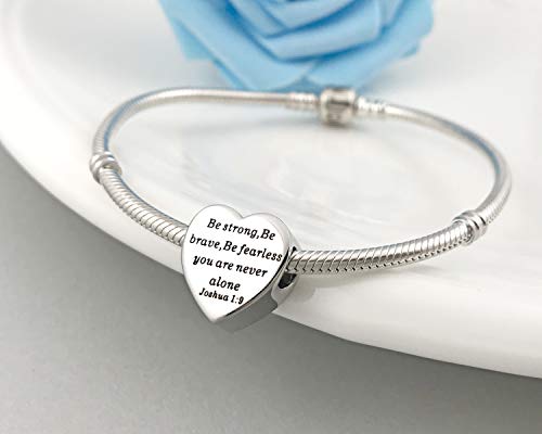 Heart Charm Fit Pandora Charms Bracelet Christian Bible Verse Charm Prayer Faith Religious Charms Gifts for Women - style: Be strong,Be brave,Be fearless you are never alone Joshua 1:9