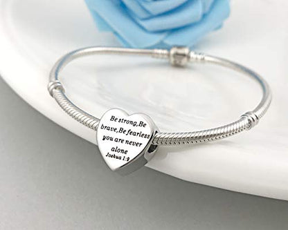 Heart Charm Fit Pandora Charms Bracelet Christian Bible Verse Charm Prayer Faith Religious Charms Gifts for Women - style: Be strong,Be brave,Be fearless you are never alone Joshua 1:9