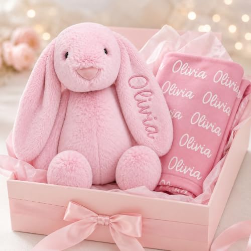 Personalized Embroidered Pink Stuffed Bunny, Custom Name Plush Rabbit Lovey for Baby Girl, Pink Bunny, Baptism Gift, Easter Basket Stuffers, Minky Name Blanket (Pink Bunny) - color: Pink Bunny